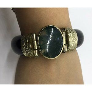 Vintage Horn and metal Wide Bangle Bracelet oval green natural stone